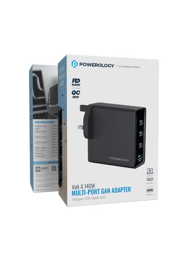 Powerology 140W Multi-Port Gan Adapter with 140W PD, 18W QC, 3 USB-C& 1 USB-A, Heat Resistant Housing, Multi-Device Charging - Image 4